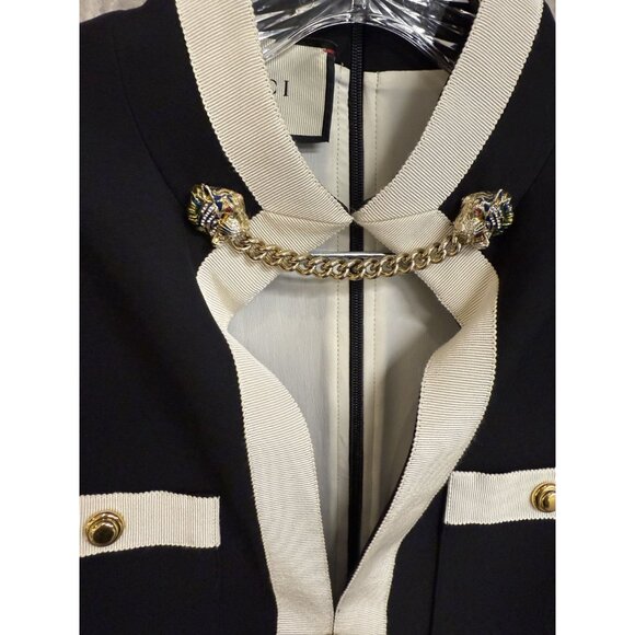 Gucci Womens Black & White Short-Sleeve Button-Up Blazer Dress With Gold Accent - Picture 10 of 16